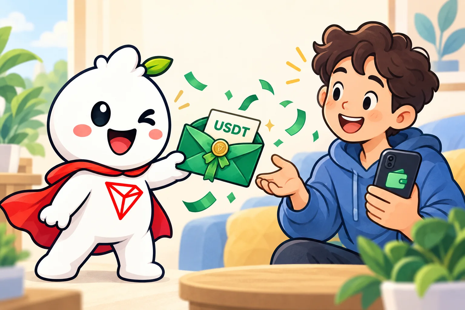 Rent Energy Tron’s mascot gives a USDT gift card to a recipient holding a wallet on a phone; conceptual illustration